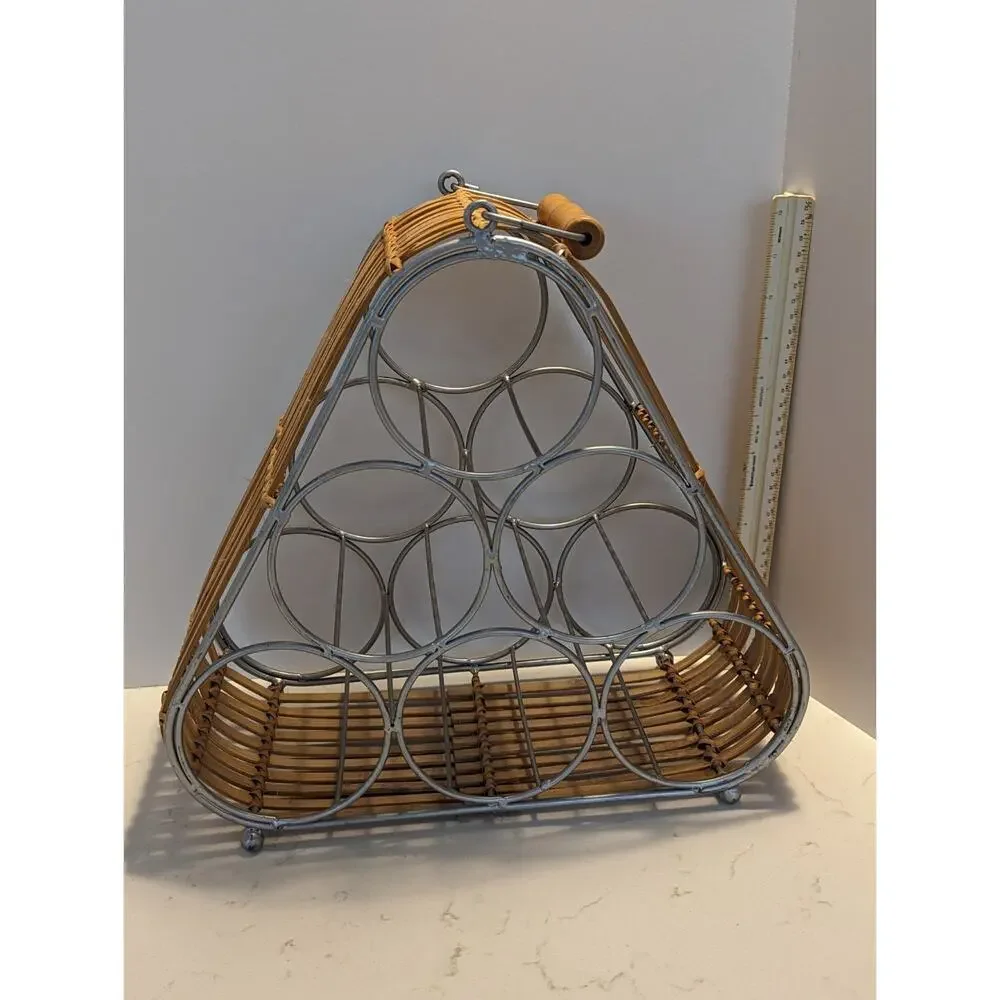 Wine Rack Wicker Bamboo Ratan Metal W/Handle Boho Modern Hippie Natural Earthy
